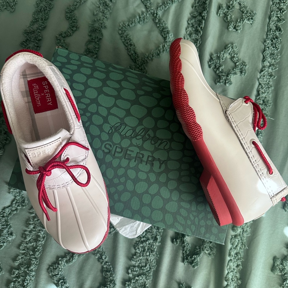 Sperry White and Red Slip-On Flats